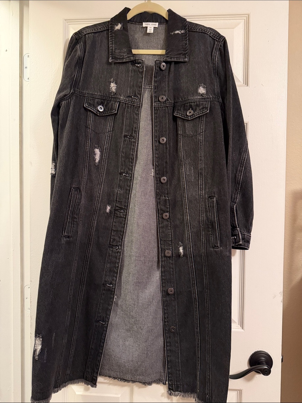 Tribal Black Distressed Long Denim Jacket